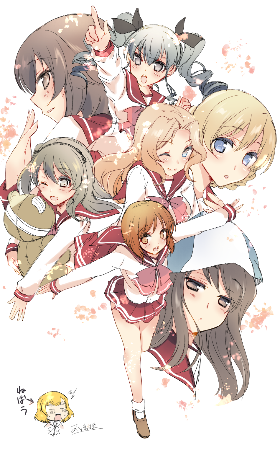 /\/\/\ 1girl 6+girls abenattou anchovy artist_name bangs black_ribbon blonde_hair blouse blue_eyes blue_hat boko_(girls_und_panzer) bow bowtie braid brown_eyes brown_footwear brown_hair closed_mouth drill_hair eyebrows_visible_through_hair girls_und_panzer green_hair hair_intakes hair_ribbon hat highres holding holding_stuffed_animal katyusha long_hair long_sleeves looking_at_viewer miniskirt multiple_girls one_eye_closed open_mouth parted_lips pink_blouse pleated_skirt pointing red_neckwear red_sailor_collar red_skirt ribbon school_uniform shoes short_hair side_ponytail signature sketch skirt smile socks solo standing stuffed_animal stuffed_toy tied_hair to_heart trait_connection twin_braids twin_drills white_legwear