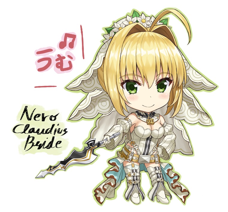 1girl aestus_estus ahoge belt blonde_hair blush breasts bridal_veil character_name chibi cleavage closed_mouth detached_sleeves fate/extra fate/extra_ccc fate_(series) flower full_body garter_belt gloves green_eyes hand_on_hip holding holding_sword holding_weapon lock looking_at_viewer medium_breasts npcpepper padlock padlocked_collar saber_bride saber_extra short_hair simple_background smile solo sword veil weapon white_background