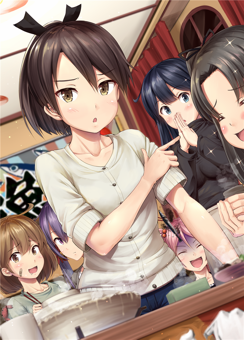 6+girls akebono_(kantai_collection) alternate_costume ayanami_(kantai_collection) bandaid banner black_hair black_sweater blue_eyes blue_pants blush breasts brown_eyes brown_hair ceiling chopsticks closed_eyes closed_mouth collarbone commentary_request eating eyebrows_visible_through_hair fish food glass grey_shirt hand_on_own_arm hands_together holding_glass ichikawa_feesu indoors kantai_collection large_breasts long_hair long_sleeves looking_at_viewer multiple_girls night oboro_(kantai_collection) open_mouth pants pink_hair ponytail purple_hair shaded_face shikinami_(kantai_collection) shirt short_hair side_ponytail sleeve_pushed_up small_breasts sweater table turtleneck upper_body ushio_(kantai_collection) white_shirt