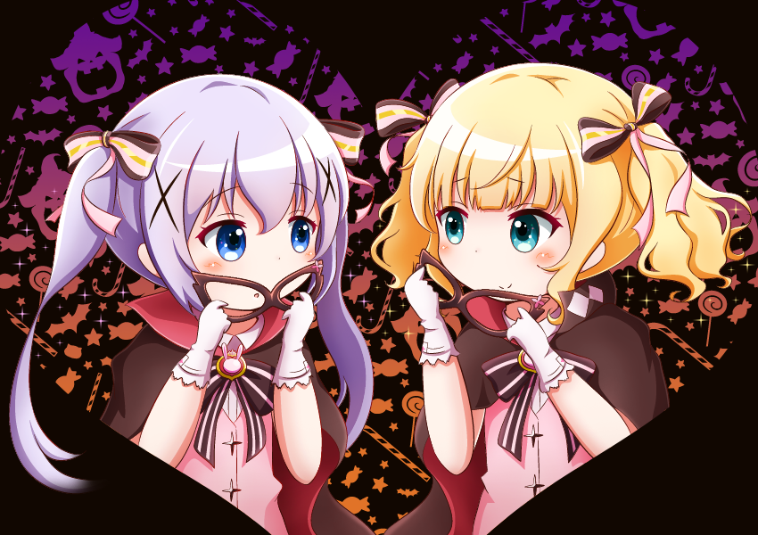 2girls :o aqua_eyes bangs bat blonde_hair blue_eyes blush bow broom brown_cape candy candy_wrapper closed_mouth collared_shirt commentary_request cosplay domino_mask eye_contact eyebrows_visible_through_hair food gloves gochuumon_wa_usagi_desu_ka? goth_risuto hair_between_eyes hair_bow hair_ornament halloween heart holding holding_mask jack-o'-lantern kafuu_chino kirima_sharo lollipop looking_at_another mask mask_removed multiple_girls parted_lips phantom_thief_lapin phantom_thief_lapin_(cosplay) pink_vest purple_hair shirt sidelocks smile star striped striped_bow swirl_lollipop twintails upper_body white_gloves white_shirt x_hair_ornament