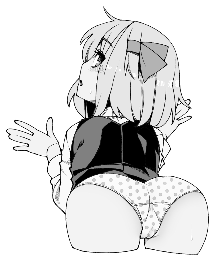 1girl ass bangs bent_over blush bow cowboy_shot cropped_legs eyebrows_visible_through_hair from_behind greyscale hair_bow long_sleeves looking_at_viewer looking_back monochrome open_mouth panties polka_dot polka_dot_panties profile rumia shamo_(koumakantv) shirt short_hair simple_background solo sweat touhou underwear white_background