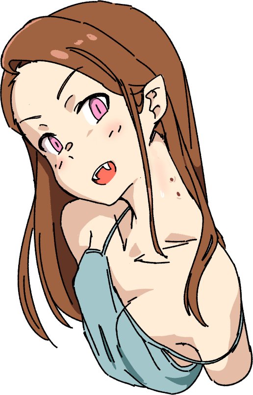 1girl :d bare_shoulders bite_mark blush breasts brown_hair fangs idolmaster long_hair looking_at_viewer minase_iori momo_no_suidou-sui open_mouth pink_eyes simple_background small_breasts smile solo strap_slip vampire white_background