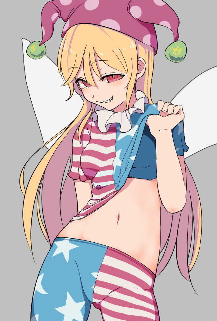 1girl american_flag_legwear american_flag_shirt arm_behind_back bare_arms blonde_hair breasts clownpiece commentary_request contrapposto cowboy_shot eyebrows_visible_through_hair fairy_wings gluteal_fold grey_background grin hair_between_eyes half-closed_eyes hand_up hat jester_cap lifted_by_self long_hair looking_at_viewer marsen medium_breasts naughty_face navel neck_ruff pantyhose polka_dot red_eyes ringed_eyes shirt shirt_lift short_sleeves simple_background smile smirk solo sports_bra star star_print stomach striped touhou wings