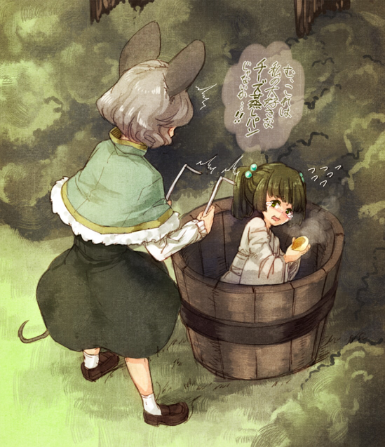 2girls animal_ears bad_id bad_twitter_id blush bucket capelet crying dowsing_rod food green_eyes green_hair grey_hair hair_bobbles hair_ornament in_bucket in_container kisume loafers mouse_ears mouse_tail multiple_girls nazrin robe shoes short_hair socks speech_bubble tail tears text touhou translation_request twintails urin wavy_mouth wooden_bucket