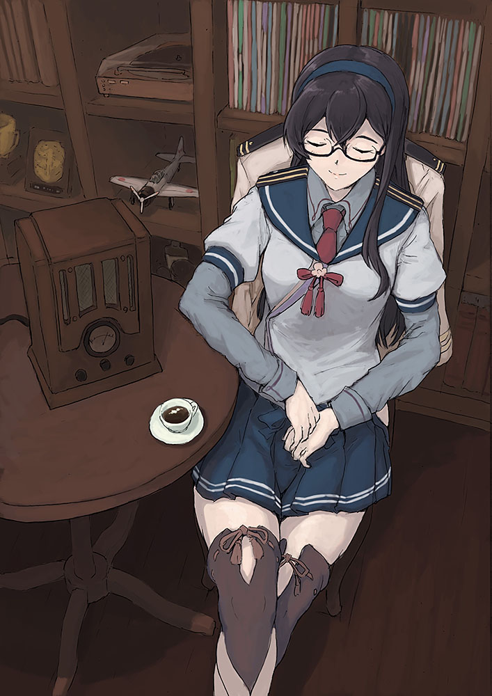 1girl aircraft airplane black-framed_eyewear blue_hairband blue_skirt bookshelf brown_hair brown_legwear closed_eyes closed_mouth commentary_request cup drink glasses hairband hip_vent indoors kantai_collection layered_sleeves long_hair long_sleeves military military_uniform miniature naval_uniform necktie ooyodo_(kantai_collection) radio red_neckwear red_ribbon ribbon ribbon-trimmed_legwear ribbon_trim saucer school_uniform serafuku shirt short_sleeves simple_background single_sidelock skirt smile solo table tassel tea teacup thigh-highs under-rim_eyewear uniform vent_arbre white_shirt zettai_ryouiki