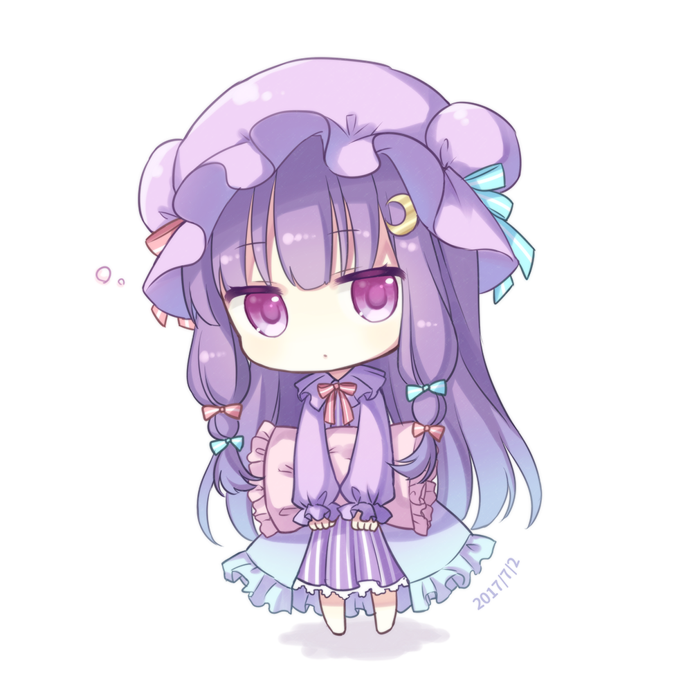 1girl blue_bow blush bow chibi closed_mouth crescent crescent_hair_ornament dated eyebrows_visible_through_hair full_body hair_bow hair_ornament long_hair long_sleeves looking_at_viewer patchouli_knowledge pink_bow purple_hair solo touhou violet_eyes yamayu
