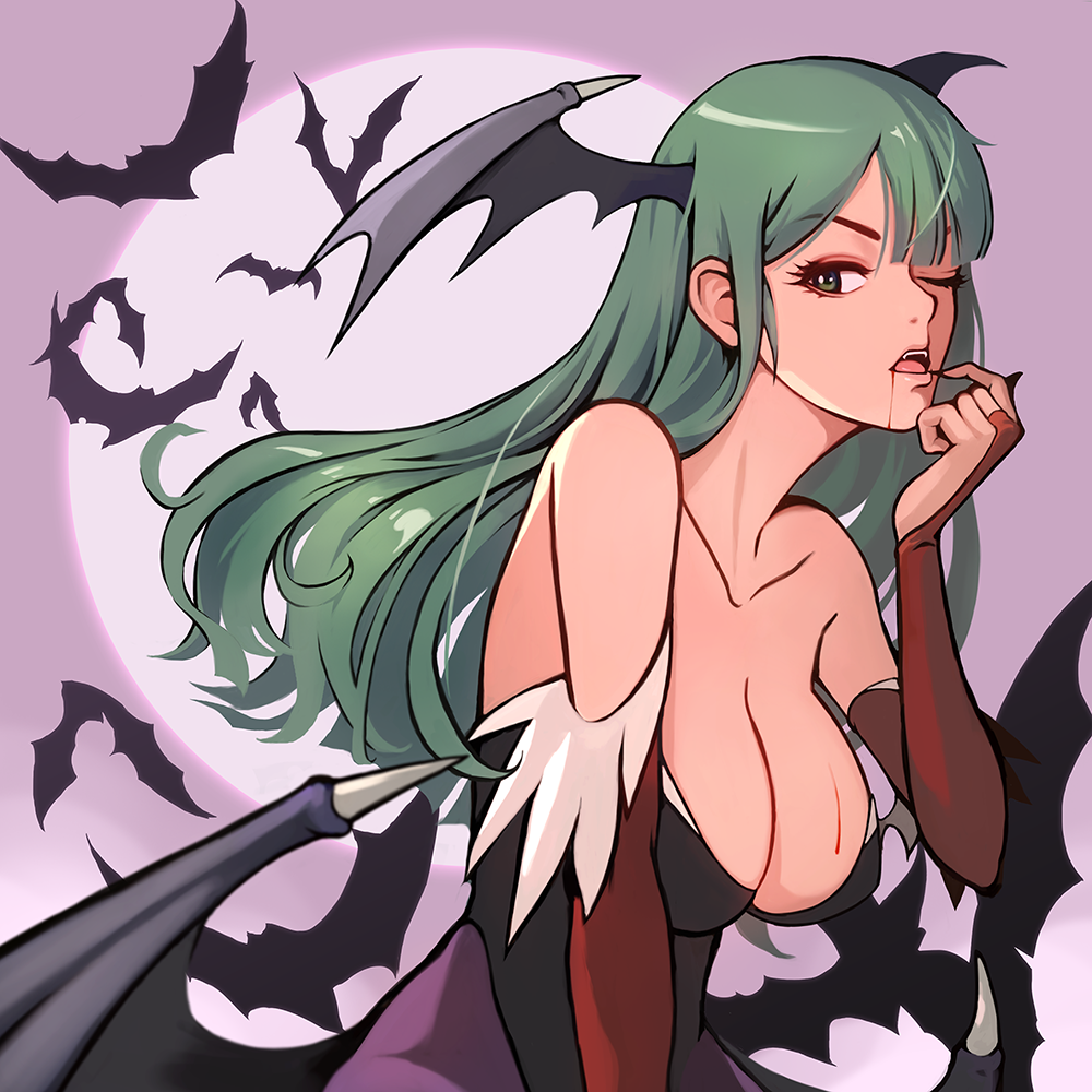 1girl bare_shoulders bat bat_wings black_leotard blood blood_from_mouth blood_on_breasts breasts bridal_gauntlets cleavage demon_girl green_eyes green_hair head_wings kzzang large_breasts leotard long_hair looking_at_viewer low_wings morrigan_aensland one_eye_closed pantyhose parted_lips purple_legwear solo succubus upper_body vampire_(game) wings