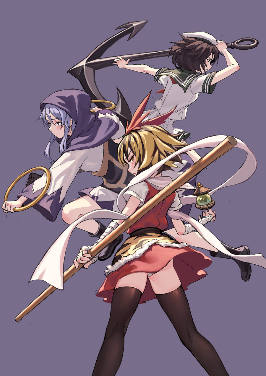 3girls anchor bandage bandaged_arm bishamonten's_pagoda black_footwear black_hair black_legwear blonde_hair blue_background blue_eyes blue_hair boots fkey habit hair_ornament hat highres holding hoop kumoi_ichirin long_sleeves miniskirt multicolored_hair multiple_girls murasa_minamitsu panties pantyshot pantyshot_(standing) pole red_skirt sailor_collar sailor_hat shorts simple_background skirt skirt_set standing streaked_hair thigh-highs toramaru_shou touhou underwear vest white_hat white_panties white_shorts wide_sleeves yellow_eyes