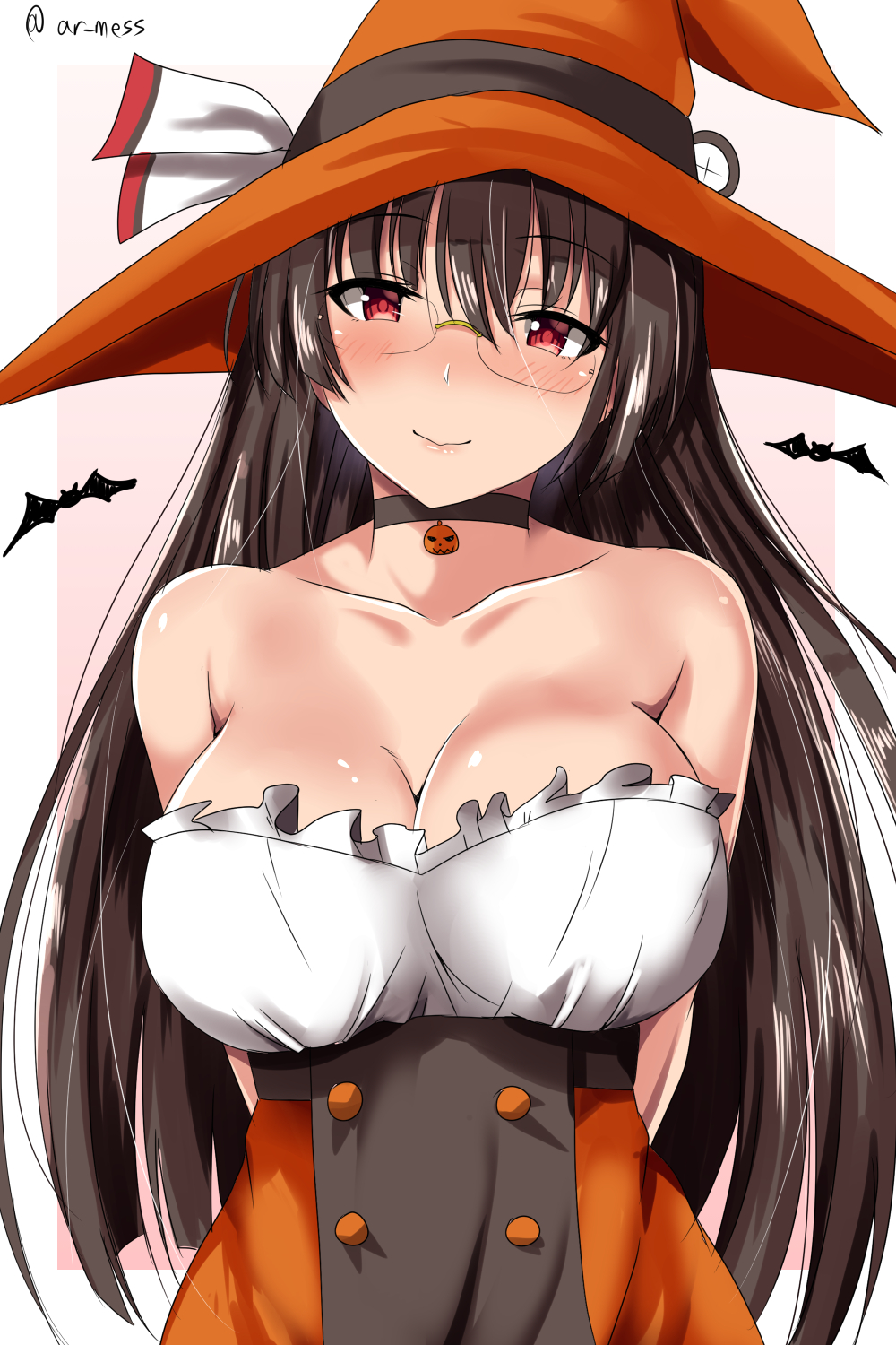 1girl ar_(lover_boy) bare_shoulders black_hair blush breasts choker choukai_(kantai_collection) cleavage collarbone glasses halloween_costume hat highres kantai_collection large_breasts long_hair red_eyes rimless_eyewear smile solo twitter_username white_border witch_hat