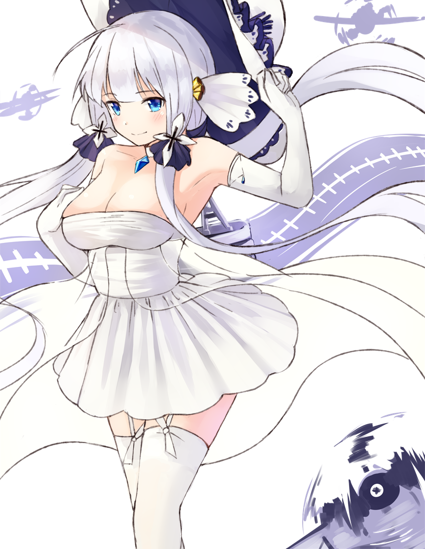 1girl azur_lane bangs bare_shoulders blue_eyes blunt_bangs blush breasts cleavage closed_mouth dress eyebrows_visible_through_hair garter_straps hat illustrious_(azur_lane) large_breasts low_twintails smile solo sun_hat thigh-highs tsukiman twintails white_dress white_hair white_legwear