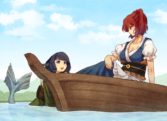 2girls bad_id bad_twitter_id blue_eyes blue_hair blue_sky boat breasts cleavage clouds coin day dress drill_hair green_dress grin hair_bobbles hair_ornament head_fins japanese_clothes large_breasts long_sleeves looking_at_another mermaid monster_girl multiple_girls obi onozuka_komachi open_mouth outdoors partially_submerged profile puffy_sleeves red_eyes redhead ribbon sash short_hair short_sleeves sitting sky smile touhou two_side_up urin wakasagihime water watercraft wide_sleeves