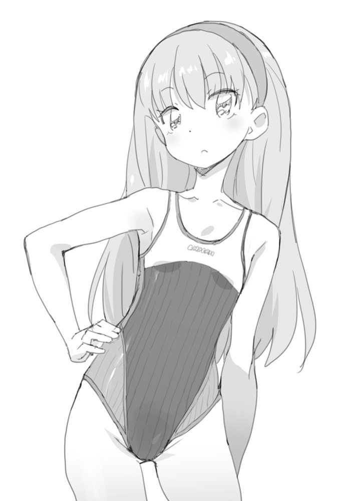 1girl character_request competition_swimsuit cowboy_shot flat_chest gluteal_fold greyscale hairband hand_on_hip leaning_to_the_side long_hair monochrome multicolored multicolored_clothes multicolored_swimsuit one-piece_swimsuit ookamiuo simple_background solo swimsuit