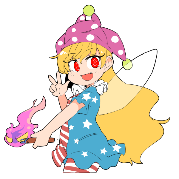 1girl :d american_flag_dress bangs blonde_hair blush clownpiece cowboy_shot dress eyebrows_visible_through_hair fairy_wings fang fire hat holding ini_(inunabe00) jester_cap long_hair looking_at_viewer neck_ruff open_mouth pantyhose polka_dot red_eyes short_dress short_sleeves simple_background smile solo star star_print striped torch touhou v very_long_hair white_background wings