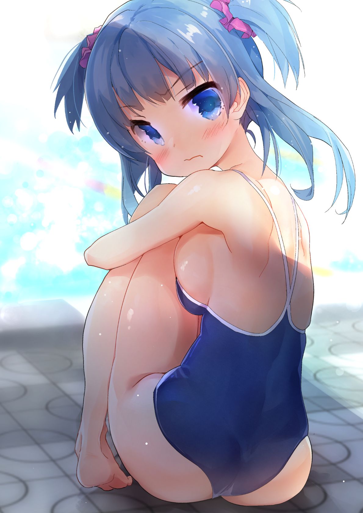 anshinmama ass bare_legs barefoot blue_eyes blue_hair blue_swimsuit blush breasts closed_mouth competition_school_swimsuit embarrassed from_behind glaring highres large_breasts leg_hug looking_at_viewer looking_back magia_record:_mahou_shoujo_madoka_magica_gaiden mahou_shoujo_madoka_magica minami_rena one-piece_swimsuit outdoors poolside sideboob sitting swimsuit two_side_up wavy_mouth