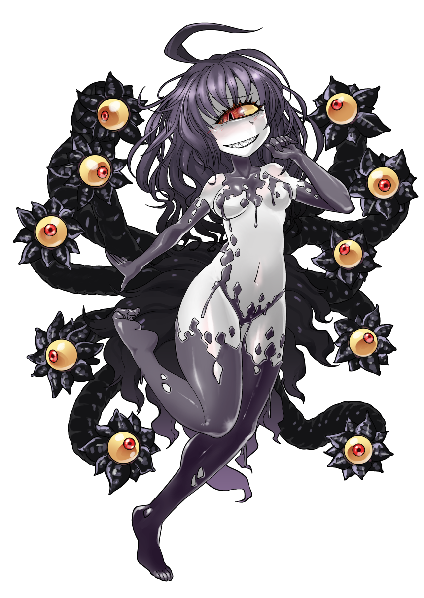 &gt;:) 1girl ahoge bangs black_gloves black_hair black_legwear blush body_blush breasts collarbone dissolving_clothes elbow_gloves extra_eyes eyebrows eyebrows_visible_through_hair facing_viewer full_body gazer_(monster_girl_encyclopedia) gloves grin highres kazuhiro_(kazuhiro-u-man) knees_together_feet_apart leg_up long_hair looking_away looking_to_the_side messy_hair midriff monster_girl monster_girl_encyclopedia navel one-eyed palms red_eyes revealing_clothes sharp_teeth shiny shiny_clothes shiny_skin simple_background slit_pupils small_breasts smile solo standing standing_on_one_leg stomach teeth tentacle thigh-highs turtleneck white_background white_skin yellow_sclera