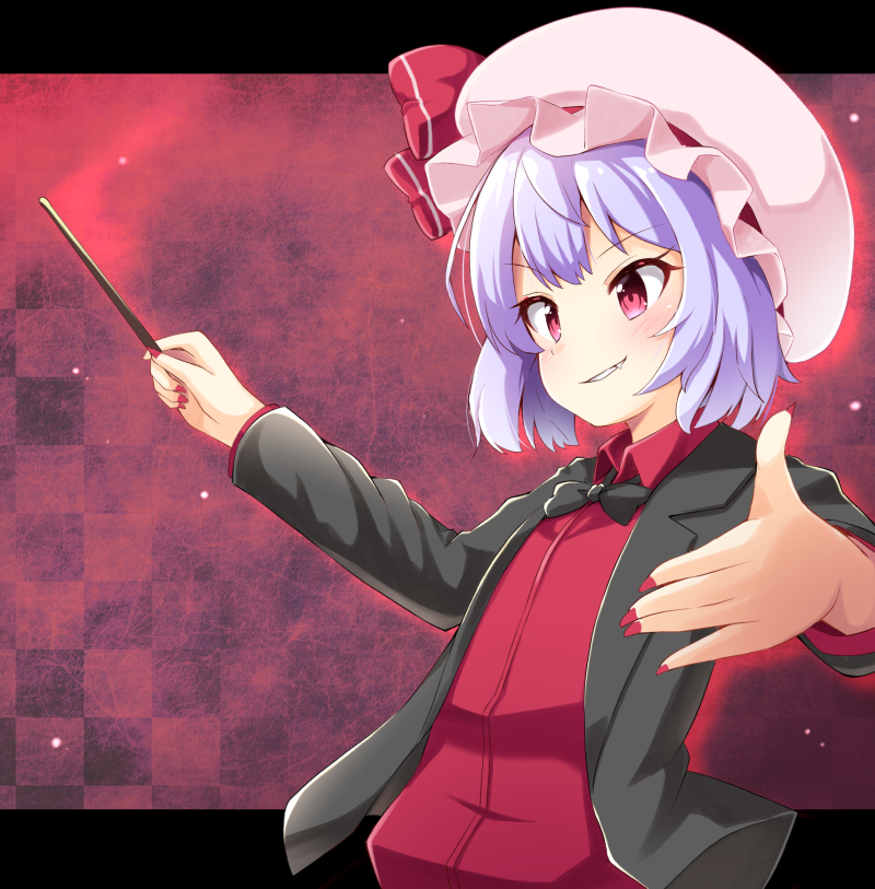 1girl alternate_costume black_neckwear bow bowtie checkered checkered_background fang hat lavender_hair letterboxed nail_polish ominaeshi_(takenoko) pink_eyes red_background red_nails remilia_scarlet short_hair smile solo touhou