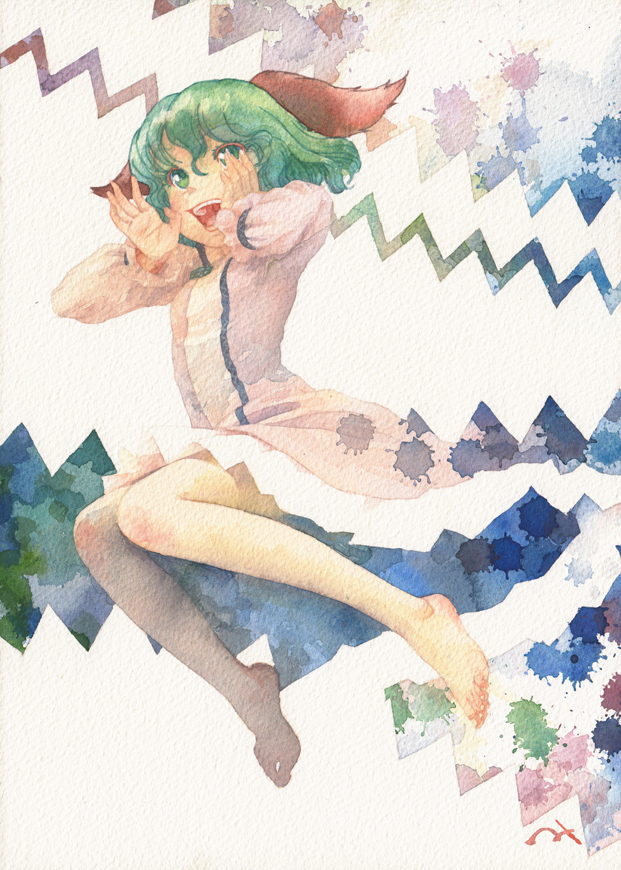 1girl animal_ears barefoot dog_ears dress graphite_(medium) green_eyes green_hair hands_up jumping kasodani_kyouko misawa_hiroshi open_mouth paint_splatter short_hair shouting solo texture touhou traditional_media watercolor_(medium)