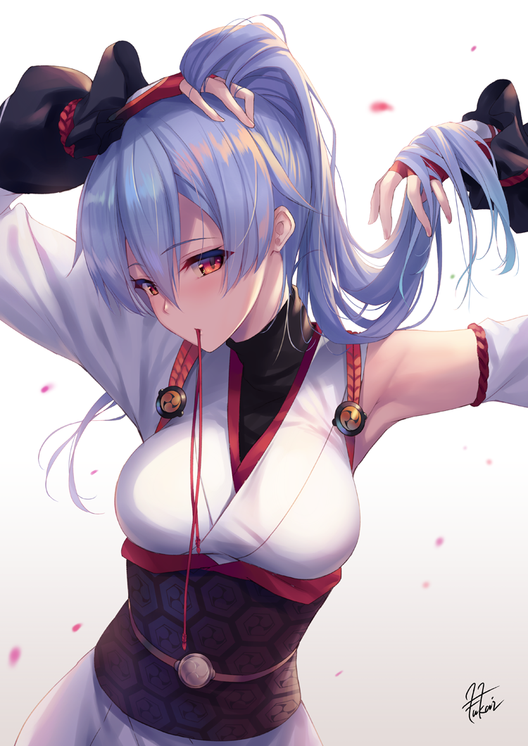 1girl armpits arms_up blurry breasts cherry_blossoms depth_of_field detached_sleeve eyebrows_visible_through_hair fate/grand_order fate_(series) fingerless_gloves fukai_ryousuke gloves hair_between_eyes holding holding_hair japanese_clothes long_hair looking_at_viewer mouth_hold petals red_eyes silver_hair simple_background solo tomoe_gozen_(fate/grand_order) white_background