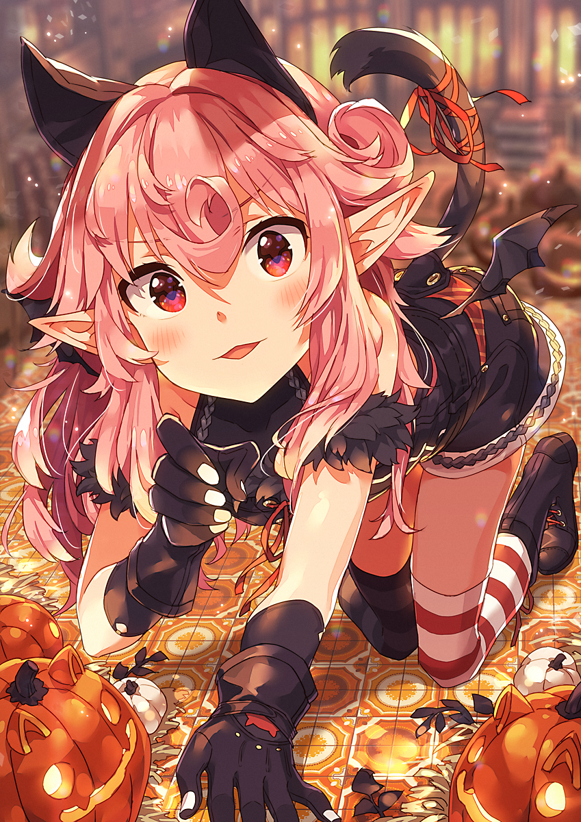 1girl all_fours animal_ears bangs black_gloves blurry blush cowlick depth_of_field eyebrows_visible_through_hair gloves hair_between_eyes halloween halter_top halterneck hand_up highres jack-o'-lantern long_hair looking_at_viewer mismatched_legwear narumi_arata open_mouth original pink_hair pointy_ears red_eyes red_ribbon ribbon shorts smile solo striped striped_legwear tail tail_ribbon thighs wings