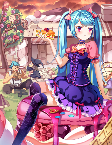 1boy 2girls blue_eyes blue_nails blush bow breasts character_request copyright_request eyebrows_visible_through_hair food hair_bow holding holding_food long_hair looking_at_viewer medium_breasts multiple_girls nail_polish parted_lips pie pink_eyes purple_legwear red_bow sitting thigh-highs twintails yuja
