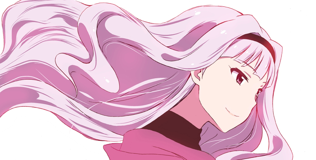 1girl bangs blunt_bangs flowing_hair hairband idolmaster long_hair no.gomensu purple_hair shijou_takane simple_background smile solo violet_eyes white_background