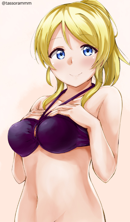 1girl ayase_eli bare_arms bare_shoulders bikini_top blonde_hair blue_eyes blush bottomless breasts closed_mouth collarbone eyebrows_visible_through_hair halter_top halterneck hands_on_own_chest looking_at_viewer love_live! love_live!_school_idol_project medium_breasts navel out-of-frame_censoring pink_background ponytail purple_bikini_top short_hair_with_long_locks sidelocks simple_background smile solo stomach tareme tasora twitter_username