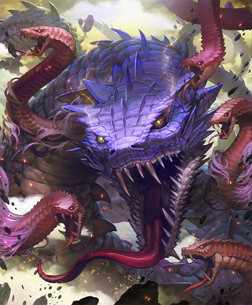 artist_request cygames embers fangs floating_rock fur light_trail medusiana no_humans official_art open_mouth orange_eyes scales shadowverse shingeki_no_bahamut slit_pupils snake teeth tongue tongue_out