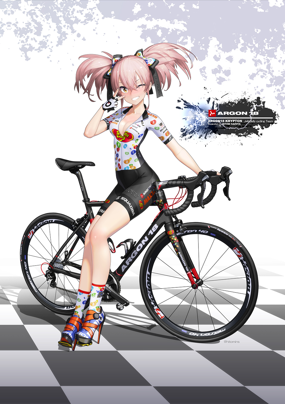 1girl bicycle bike_jersey blush bow breasts checkered checkered_floor fingerless_gloves full_body gloves ground_vehicle hair_bow high_heels highres hitomi_kazuya idolmaster idolmaster_cinderella_girls jougasaki_mika looking_at_viewer medium_breasts one_eye_closed pink_hair shoes sitting smile solo twintails v v_over_eye yellow_eyes