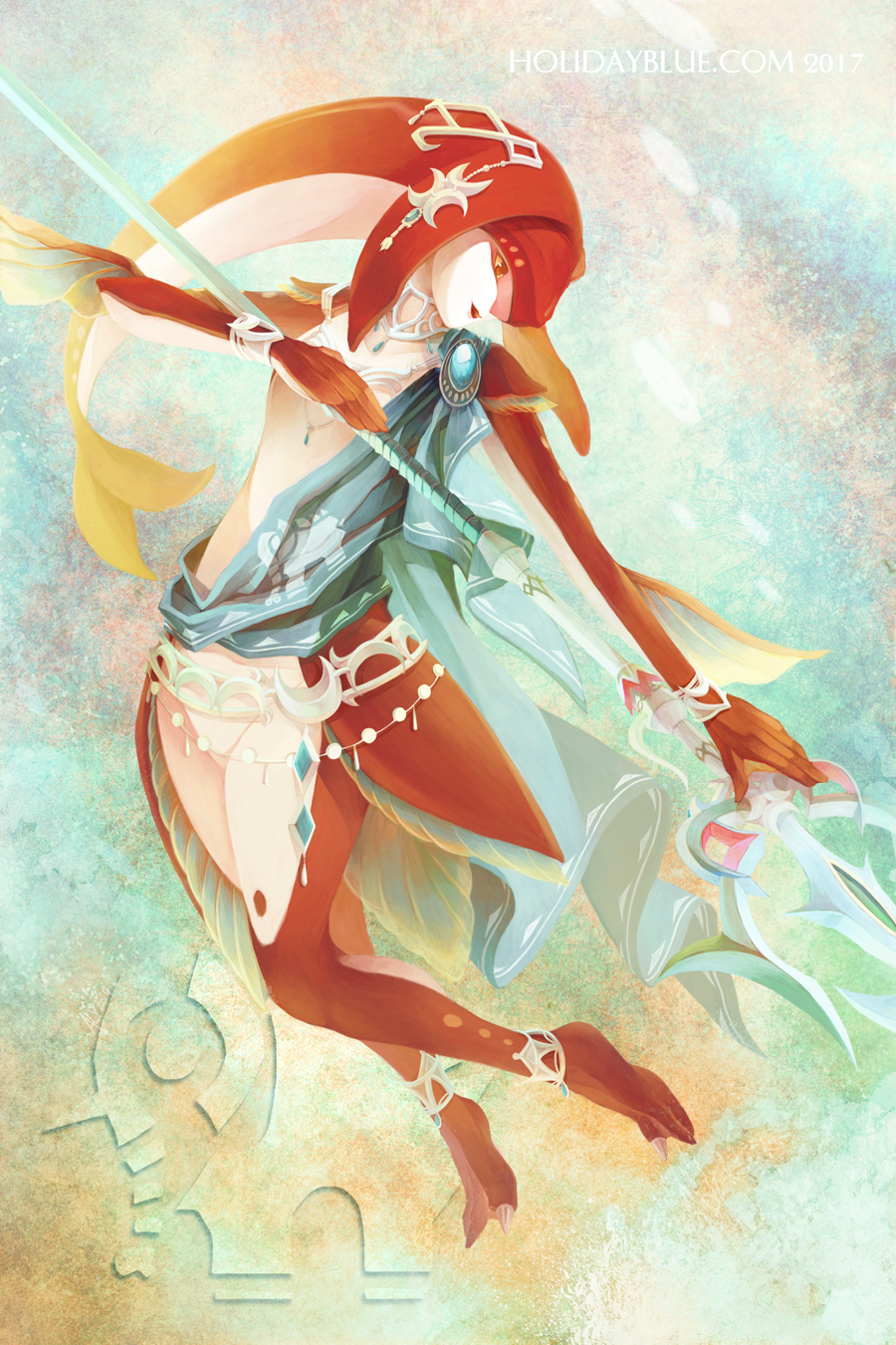 1girl fins fish_girl hair_ornament highres jewelry mipha monster_girl multicolored multicolored_skin polearm red_eyes red_skin ruina solo the_legend_of_zelda the_legend_of_zelda:_breath_of_the_wild trident watermark weapon web_address yellow_sclera zora