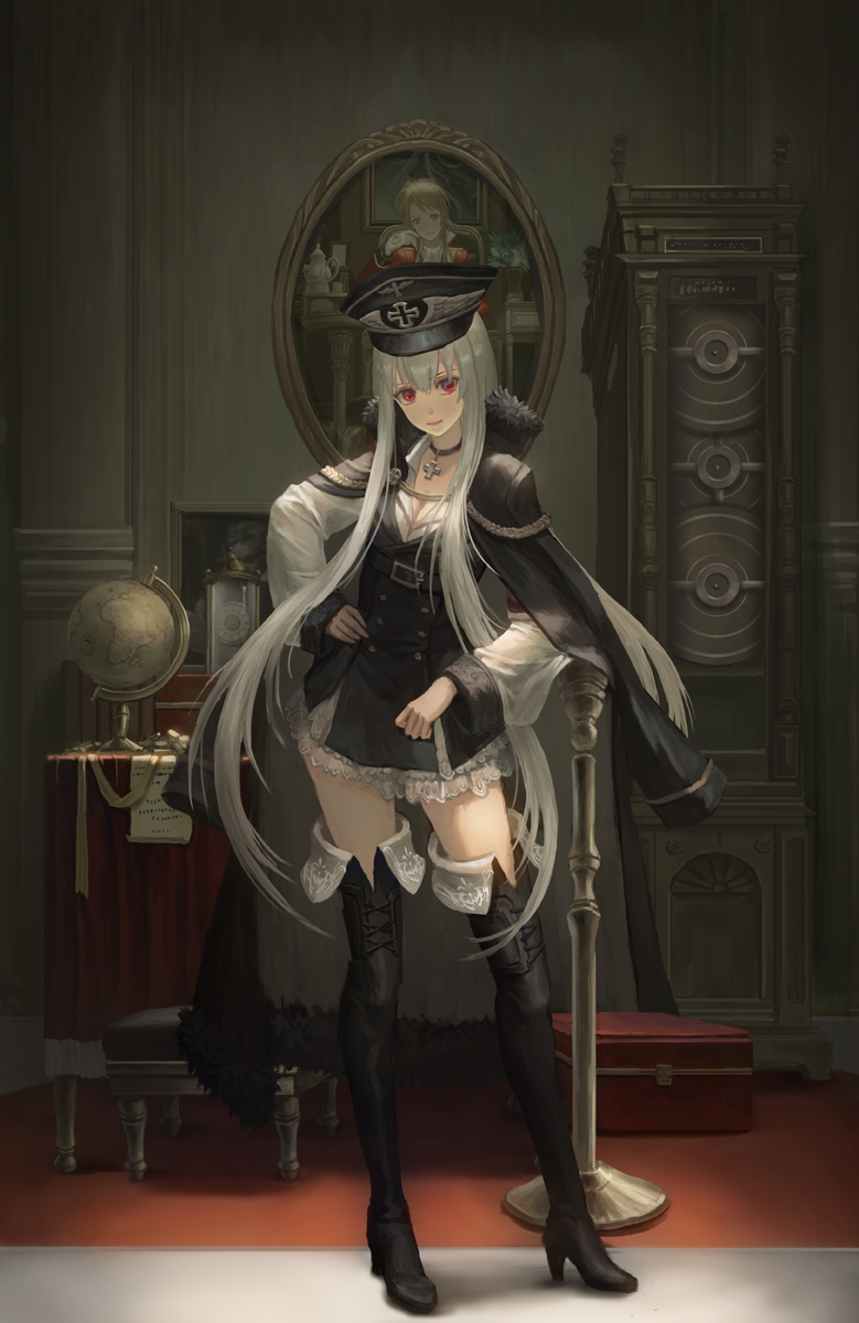 1girl bangs black_dress black_footwear black_hat black_jacket black_neckwear boots breasts buckle choker cleavage clock closed_mouth contrapposto cross double-breasted dress full_body girls_frontline gloves hand_on_hip hat high_heel_boots high_heels highres indoors jacket jacket_on_shoulders jewelry kar98k_(girls_frontline) legs_apart long_hair long_sleeves looking_at_viewer medium_breasts open_clothes open_jacket painting_(object) paper peaked_cap pendant red_eyes redhead sidelocks smile solo suitcase thigh-highs thigh_boots very_long_hair xukong zettai_ryouiki