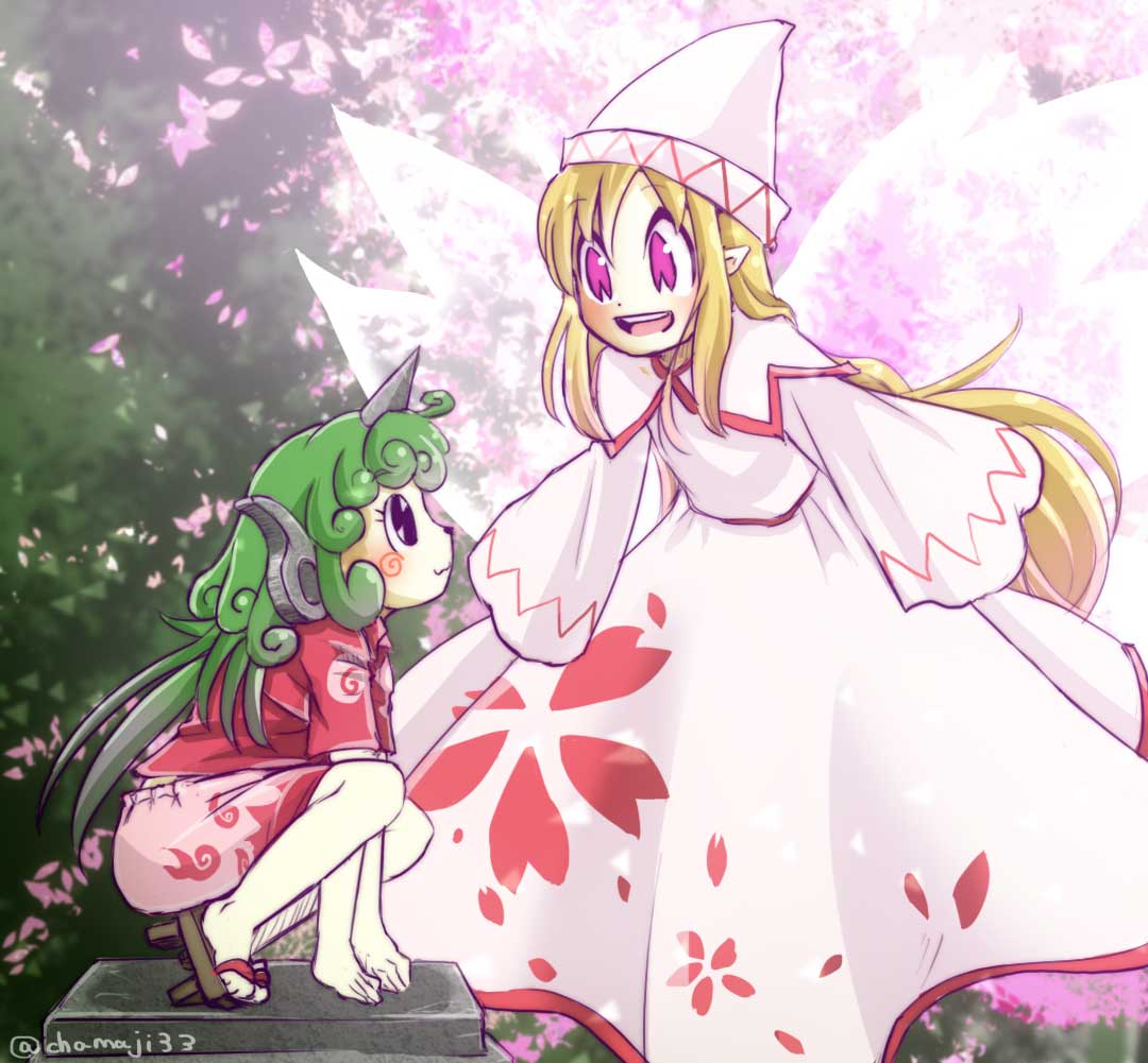 2girls :3 aqua_hair blonde_hair capelet chamaji cherry_blossoms commentary_request curly_hair dress eyebrows_visible_through_hair fairy_wings floral_print geta horn kariyushi_shirt komano_aun lily_white long_hair long_sleeves multiple_girls open_mouth outdoors pedestal pink_eyes pointy_ears round_teeth short_sleeves shorts squatting swirls teeth touhou twitter_username very_long_hair white_dress wide_sleeves wings