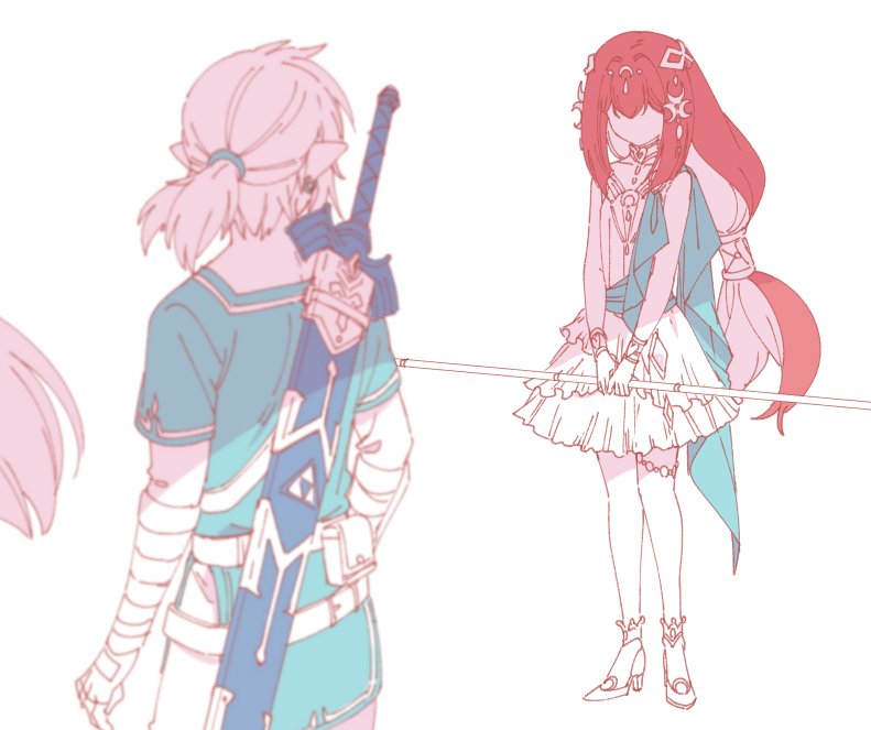 1boy 1girl blonde_hair dress hair_ornament humanization jewelry link master_sword mipha princess_zelda redhead shuri_(84k) skirt sword the_legend_of_zelda the_legend_of_zelda:_breath_of_the_wild wand weapon white_background