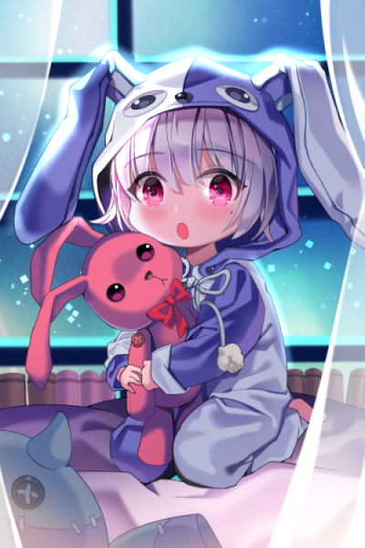 1girl blush character_request copyright_request eyebrows_visible_through_hair holding holding_stuffed_animal kneeling looking_at_viewer mole mole_under_eye open_mouth pink_eyes solo stuffed_animal stuffed_bunny stuffed_toy window yuja