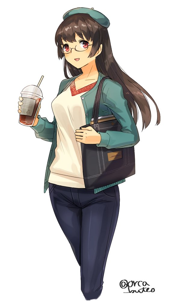 1girl alternate_costume aqua_hat bag beret black_hair blazer choukai_(kantai_collection) cowboy_shot denim drink glasses green_jacket hat jacket jeans kantai_collection long_hair pants red_eyes rimless_eyewear simple_background solo sweater tumbler twitter_username white_background white_sweater yamashiki_(orca_buteo)