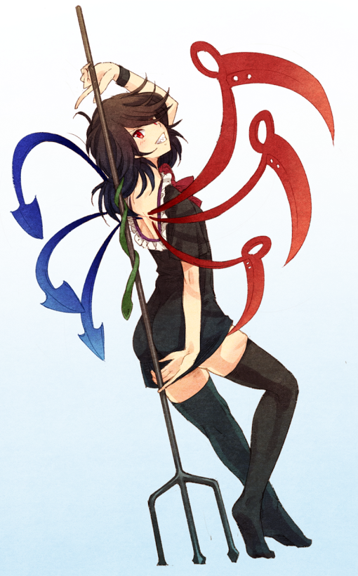 1girl arm_up asymmetrical_wings back black_dress black_hair black_legwear blush bow bowtie dress from_behind full_body gradient gradient_background grin houjuu_nue long_hair looking_at_viewer looking_back polearm red_eyes sharp_teeth simple_background smile solo teeth thigh-highs touhou trident urin weapon wings zettai_ryouiki