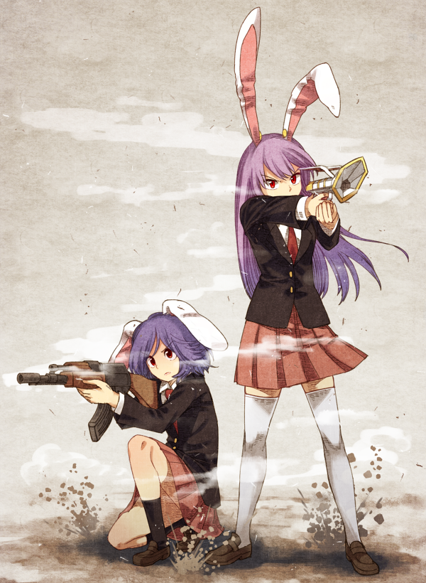 2girls aiming ak-47 animal_ears assault_rifle black_legwear full_body gun jacket kneehighs long_hair long_sleeves lunatic_gun miniskirt multiple_girls necktie purple_hair rabbit_ears red_eyes reisen reisen_udongein_inaba rifle serious shirt shoes short_hair skirt squatting thigh-highs touhou urin weapon white_legwear zettai_ryouiki