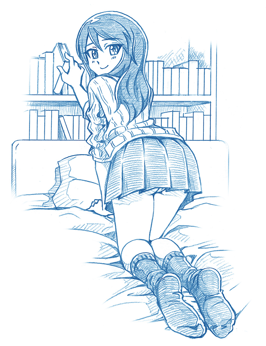 1girl all_fours ass bbb_(friskuser) bookshelf cover cover_page from_behind girls_und_panzer greyscale headboard keizoku_school_uniform kneeling long_hair long_sleeves looking_at_viewer looking_back mika_(girls_und_panzer) monochrome no_hat no_headwear on_bed panties pantyshot pantyshot_(kneeling) pillow pleated_skirt revision skirt smile socks solo sweater underwear