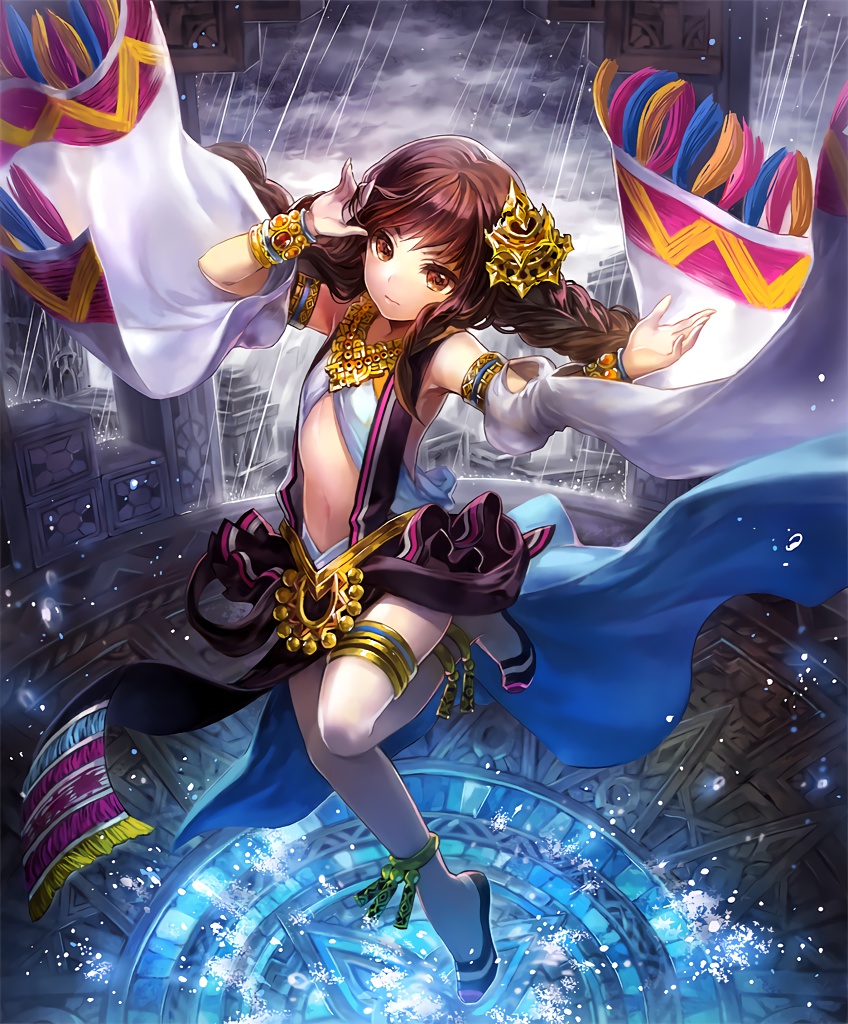 1girl anklet artist_request bracelet braid brown_eyes brown_hair cygames dancer detached_sleeves gold hair_ornament jewelry lorea_dancer_of_the_sun navel necklace official_art rain serious shadowverse shingeki_no_bahamut twin_braids