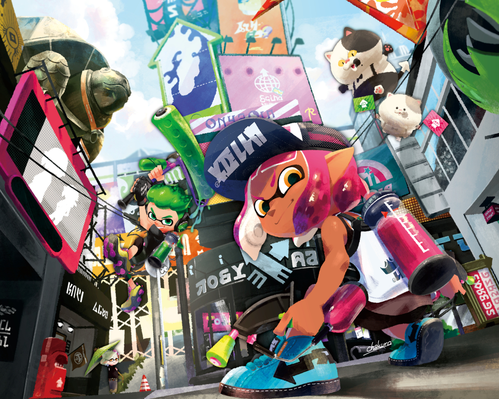 1girl 2girls 3boys artist_name bangs baseball_cap basketball_jersey black_shirt black_shorts blue_footwear blunt_bangs cha_kuro_(limo) closed_mouth clouds cloudy_sky commentary_request cross-laced_footwear dapple_dualies_(splatoon) dark_skin daunii_(splatoon) day domino_mask dual_wielding green_eyes green_hair grey_hair grin hair_slicked_back hat headphones holding holding_umbrella hotaru_(splatoon) ink_tank_(splatoon) inkling inkling_(language) jajji-kun_(splatoon) japanese_clothes jumping kimono kojajji-kun_(splatoon) looking_at_viewer looking_back mask multiple_boys multiple_girls orange_eyes oriental_umbrella outdoors pink_hair pointy_ears print_shirt shirt shoes short_hair shorts signature sky sleeveless smile smirk sneakers splat_roller_(splatoon) splatoon splatoon_2 squatting t-shirt tentacle_hair turtle umbrella white_shirt yellow_footwear