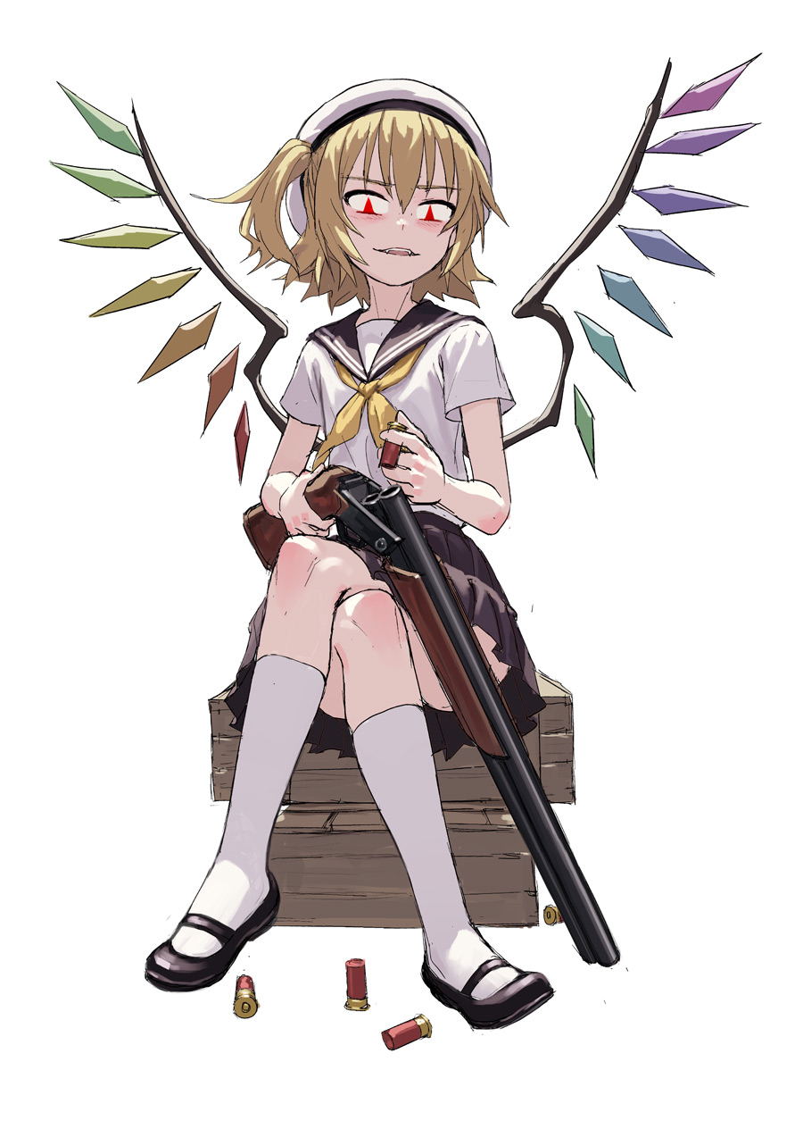 1girl alternate_costume black_footwear black_skirt fkey flandre_scarlet full_body gun hat highres kneehighs legs_crossed looking_at_viewer miniskirt neckerchief pleated_skirt reloading school_uniform serafuku shotgun shotgun_shells simple_background sitting skirt solo touhou weapon white_background white_hat white_legwear wings