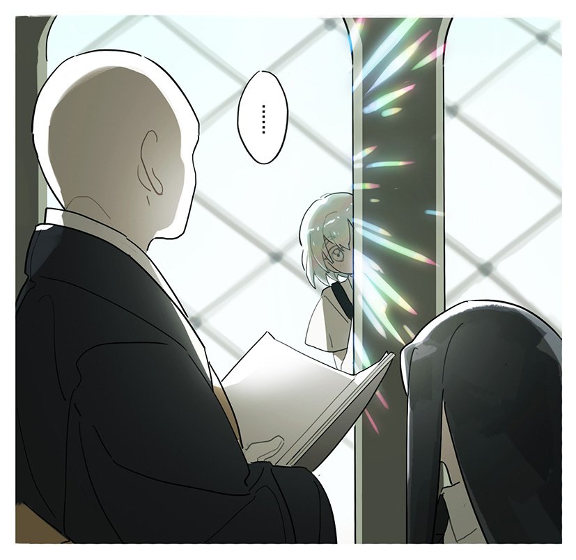 ... ahn backlighting bald black_hair black_neckwear book bort collared_shirt curious diamond_(houseki_no_kuni) eyebrows_visible_through_hair gloves hair_between_eyes hiding houseki_no_kuni indoors japanese_clothes kesa kongou_sensei light light_particles long_hair long_sleeves looking_at_another multicolored_hair necktie open_book peeking_out pillar shiny shirt short_hair short_sleeves spoken_ellipsis sunlight suspenders thick_eyebrows uniform white_eyes white_gloves white_hair white_shirt wide_sleeves window