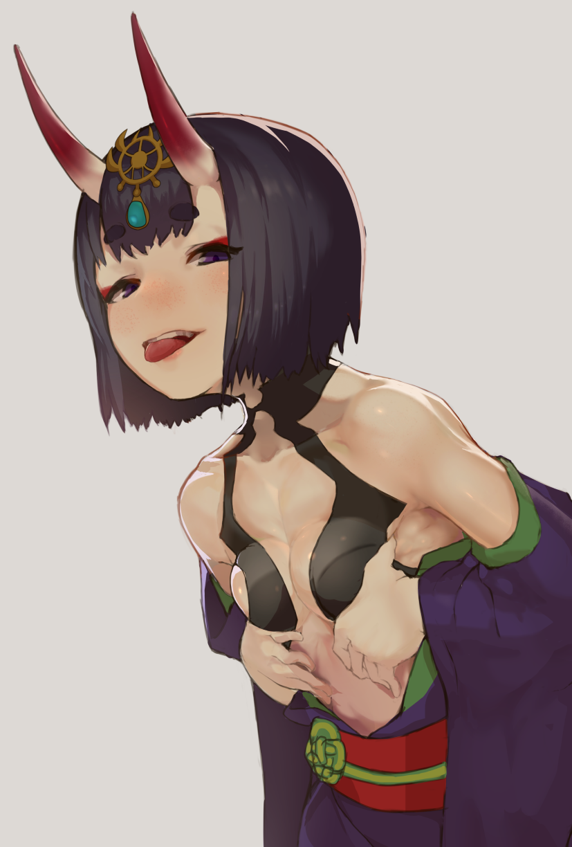1girl bangs blush bob_cut breast_squeeze breasts collarbone eyebrows_visible_through_hair fangs fate/grand_order fate_(series) grey_background headpiece highres hikimayu japanese_clothes kimono leaning_forward mirukia obi off_shoulder oni oni_horns purple_hair revealing_clothes sash short_eyebrows short_hair shuten_douji_(fate/grand_order) simple_background small_breasts solo tongue tongue_out upper_body violet_eyes