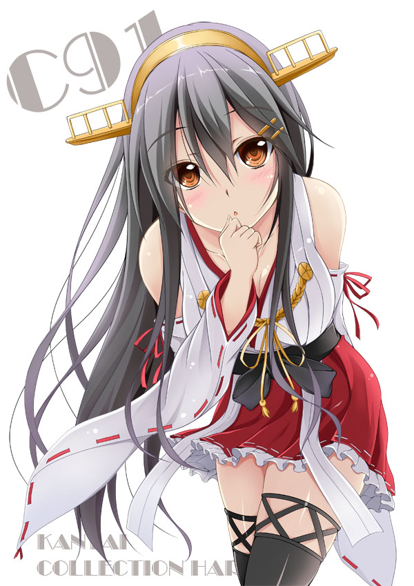 1girl bare_shoulders black_hair boots breasts cleavage cowboy_shot detached_sleeves eyebrows_visible_through_hair hair_ornament hairband hairclip hand_on_own_chin haruna_(kantai_collection) kantai_collection large_breasts long_hair looking_at_viewer nontraditional_miko pleated_skirt red_skirt remodel_(kantai_collection) simple_background skirt solo thigh-highs thigh_boots tomosuke white_background