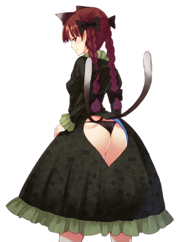 1girl animal_ears ass ass_cutout bad_id bad_twitter_id black_panties blush bow braid cat_ears cat_tail dress extra_ears floral_print from_behind hair_bow hair_ornament heart_cutout kaenbyou_rin long_hair long_sleeves looking_at_viewer looking_back multiple_tails panties pointy_ears profile puffy_sleeves red_eyes redhead simple_background smile solo tail thong touhou twin_braids underwear urin white_background