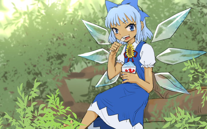 1girl blue_eyes blue_hair branch cirno commentary_request dress eating flower hair_ribbon ice ice_wings looking_at_viewer meimaru_inuchiyo ribbon shaved_ice short_hair solo sunflower tan tanned_cirno touhou wings