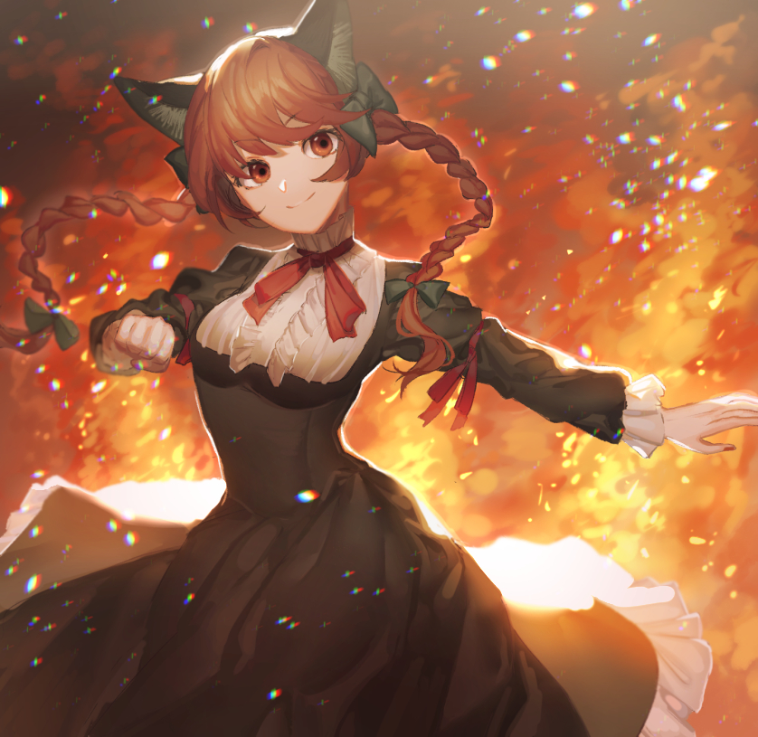 1girl adapted_costume animal_ears bangs black_dress bow braid cat_ears chromatic_aberration clenched_hand closed_mouth commentary_request dress fiery_background fire frilled_dress frilled_sleeves frills green_bow hair_bow head_tilt kaenbyou_rin long_hair long_sleeves looking_at_viewer motsuba outstretched_arm red_eyes red_neckwear redhead smile solo touhou twin_braids