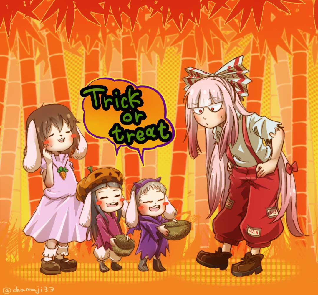 4girls :3 ^_^ animal_ears bamboo bamboo_forest bangs basket bat_wings black_hair blunt_bangs blush_stickers bow brown_hair buck_teeth burnt_clothes carrot_necklace chamaji cloak closed_eyes commentary_request dress eyebrows_visible_through_hair forest fujiwara_no_mokou grey_hair hair_bow halloween halloween_costume hands_on_hips hime_cut hood hooded_cloak horns inaba inaba_tewi jack-o'-lantern leaf long_hair mary_janes multiple_girls nature ofuda open_mouth outdoors outstretched_arms pants pink_dress rabbit_ears red_eyes shoes short_hair short_sleeves socks speech_bubble suspenders sweat touhou trick_or_treat twitter_username very_long_hair wings