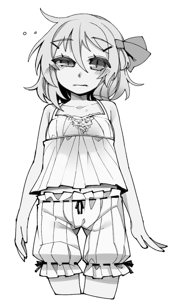 1girl bangs bare_arms bloomers blush bow closed_mouth cowboy_shot cropped_legs eyebrows_visible_through_hair greyscale hair_between_eyes hair_bow hair_ornament hairclip looking_at_viewer monochrome navel rumia shamo_(koumakantv) short_hair simple_background slit_pupils solo touhou underwear white_background