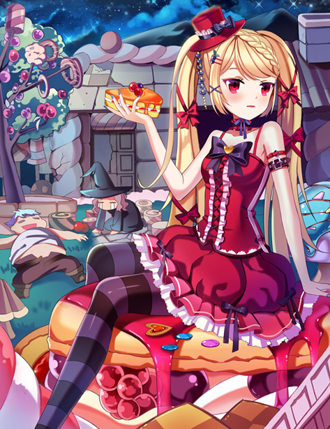 1girl 2girls black_legwear blonde_hair blush bow character_request copyright_request eyebrows food hair_bow hat long_hair looking_at_viewer multiple_girls pantyhose parted_lips pie red_bow red_eyes red_hat sitting striped striped_legwear top_hat twintails yuja