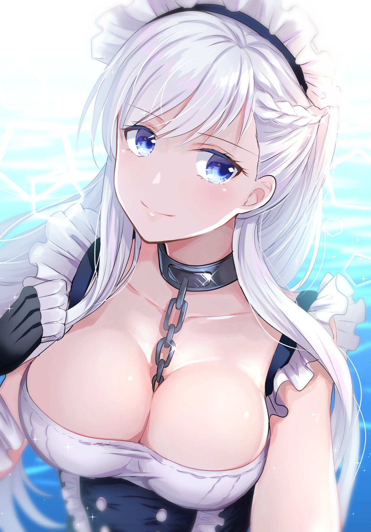 1girl azur_lane bangs bare_arms belfast_(azur_lane) between_breasts black_gloves blue_eyes blush braid breasts chain_between_breasts chains cleavage closed_mouth collarbone dress eyebrows_visible_through_hair french_braid from_above gloves headdress highres looking_at_viewer medium_breasts myusha ocean silver_hair smile solo upper_body white_dress